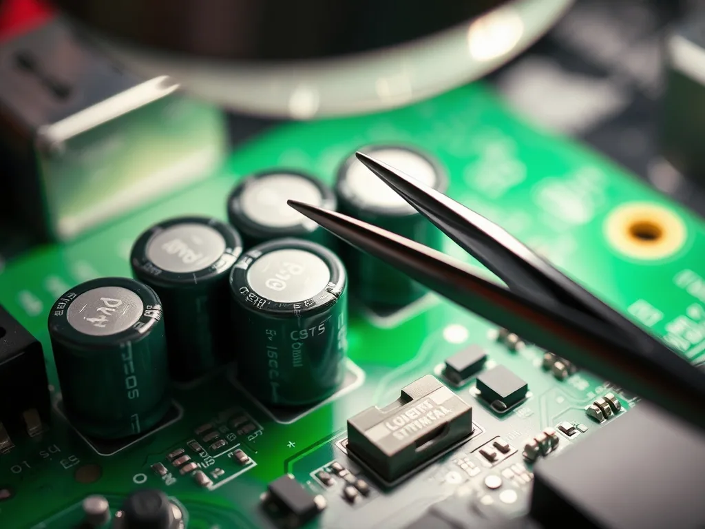 Swollen electrolytic capacitors on a green circuit board with fine tweezers resting across them under a magnifier lamp.