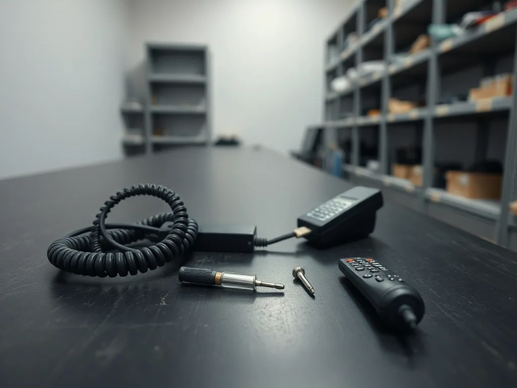 A coiled cable, a remote control and a telephone handset left on the shop counter, parts shelving out of focus behind.