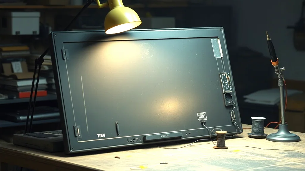 A flat television lying on a workshop bench with its back panel off, a soldering iron in its stand and a lamp pulled down over the work.
