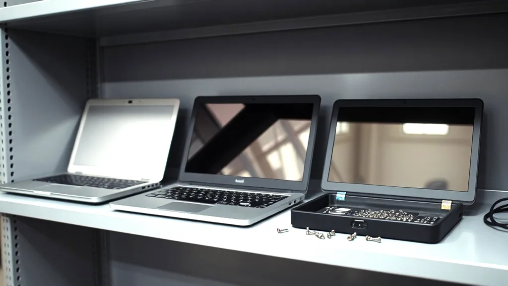 Three laptops waiting on a grey workshop shelf, one with its keyboard lifted away and screws in a tray beside it.
